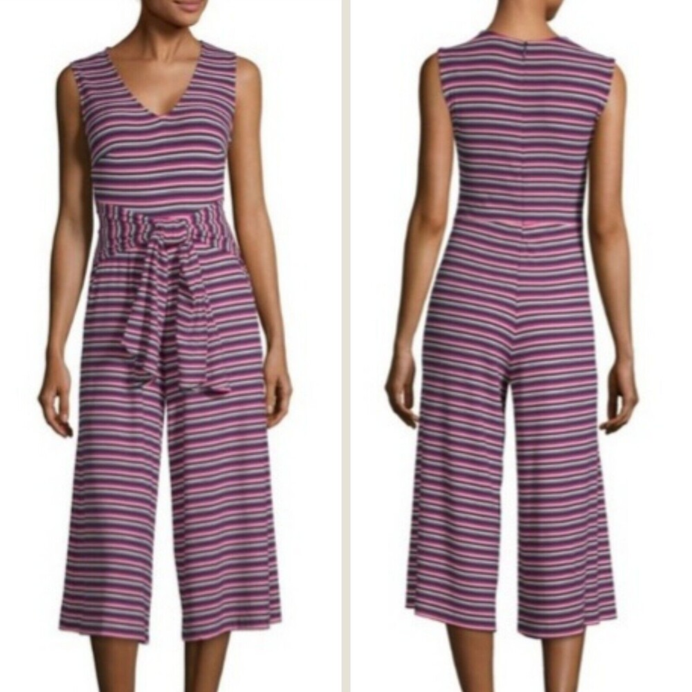 NEW A.N.A Women Sleeveless Jumpuit Waist Tie Navy Pink Striped Size L